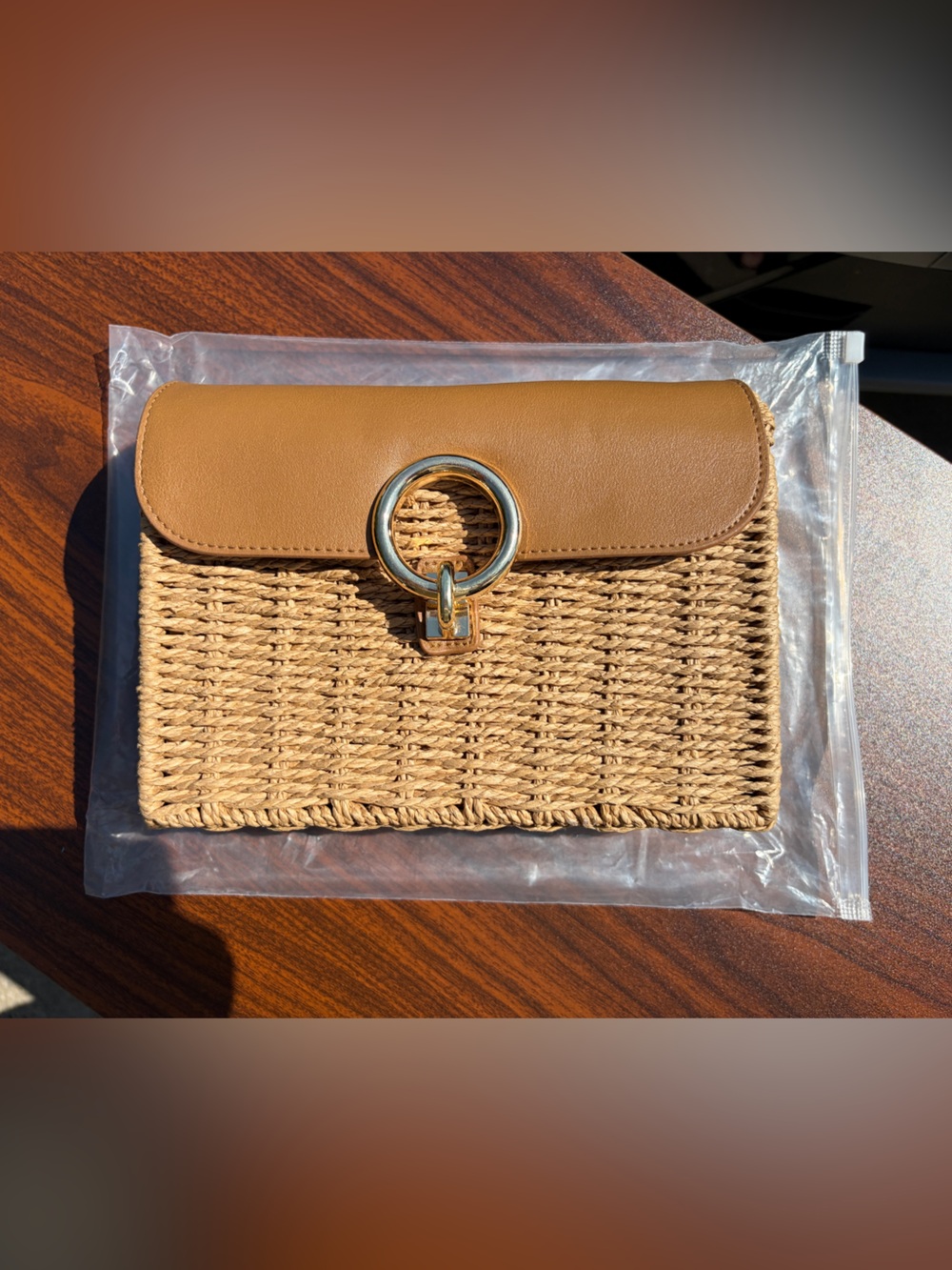 Natural Straw Woven Crossbody Clutch Bag Tan Gold Ring Closure